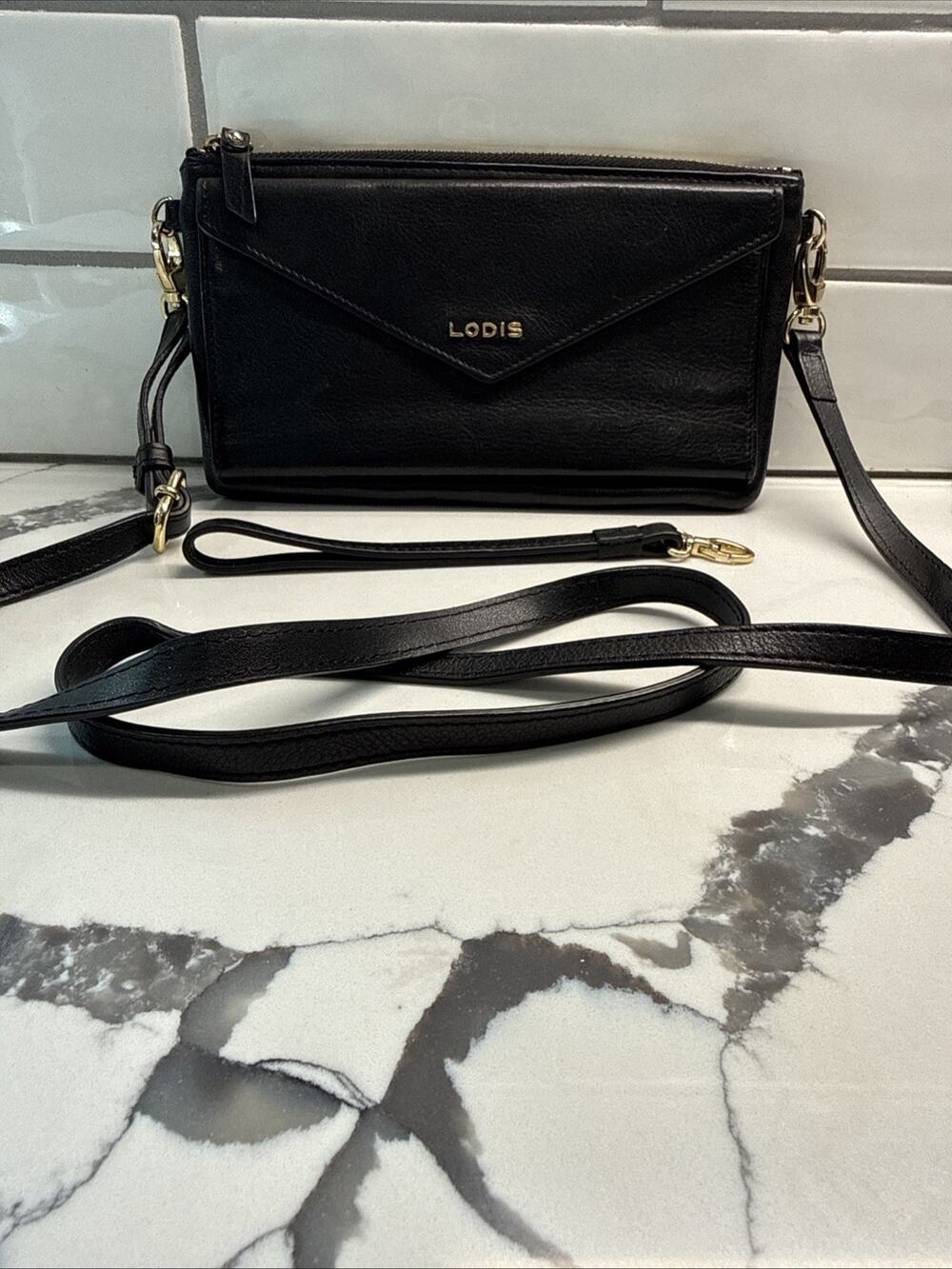 LODIS Leather Convertible Crossbody Bag Wrislet Wallet Organizer BLACK 9x4.5”
